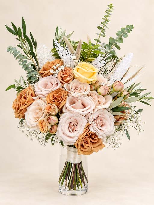 Blush and ivory bridal bouquet with soft greenery.