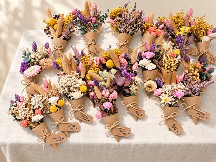 Table of small dried-flower bouquets in kraft cones tagged "You are loved".