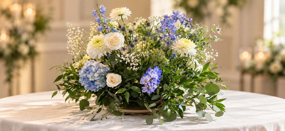Reception arrangement of blue delphinium and white roses.