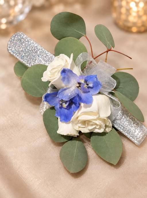 Boutonniere of a white rose with blue accents and a ribbon wrap.