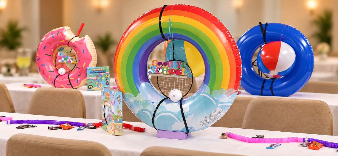 Summer table centerpiece built around a rainbow pool float.