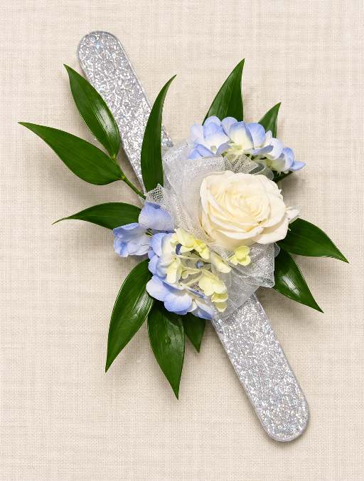 Boutonniere combining blue hydrangea florets with a white rose.
