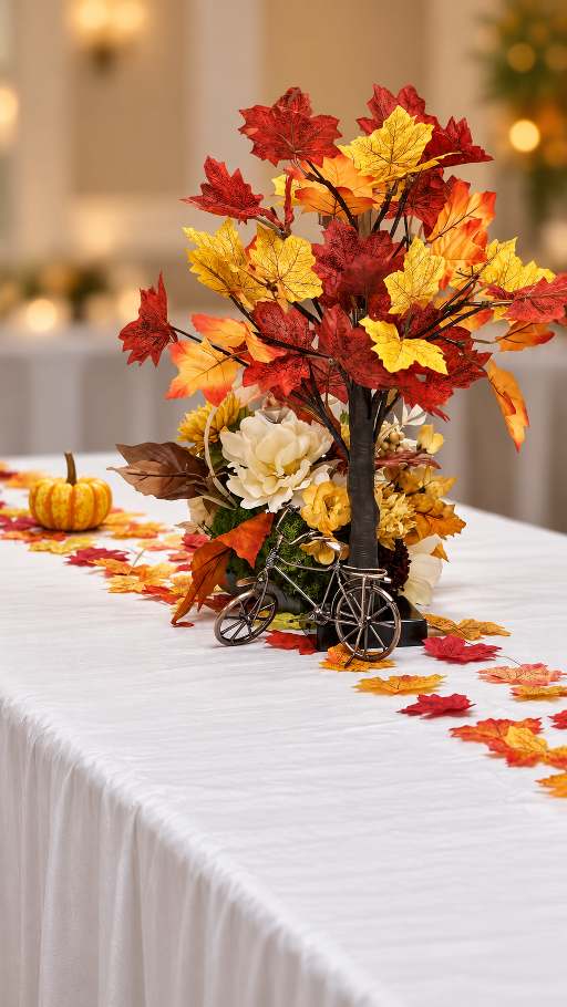 Miniature bicycle centerpiece carrying autumn blooms and pumpkins.