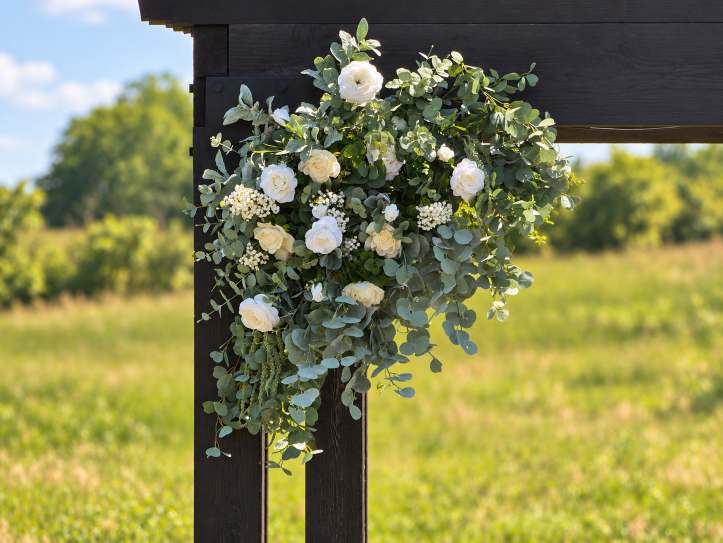 Close view of a floral cluster mounted on an outdoor wedding arbor.