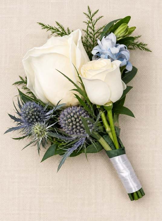 Boutonniere pairing a white rose with blue thistle.