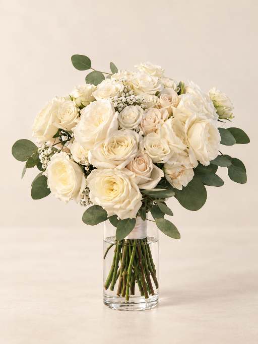 Classic all-white bridal bouquet arranged in a clear glass vase.