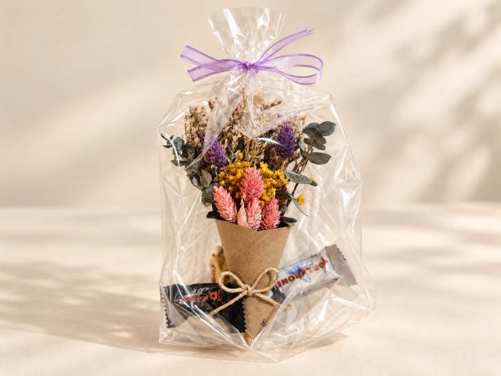 A single wrapped floral favor with a chocolate bar tied to it.