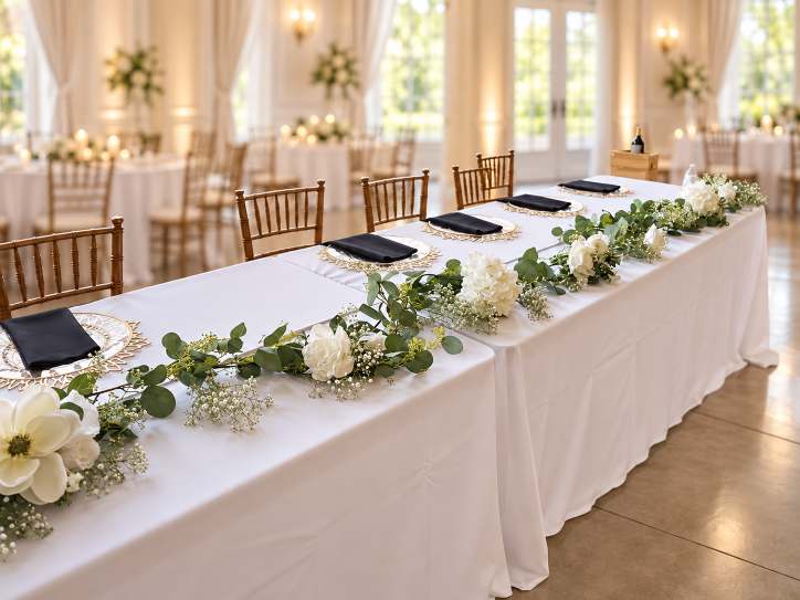 Head table draped in white linen with a eucalyptus and white rose garland runner.
