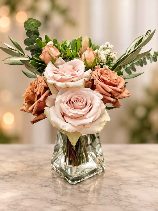Blush rose centerpiece in a footed glass vase.