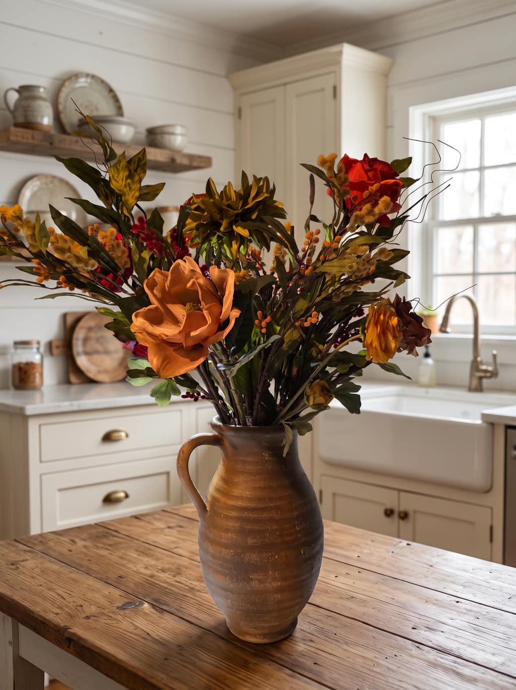 A rustic ceramic pitcher of warm autumn silk florals on a wooden table in a farmhouse kitchen