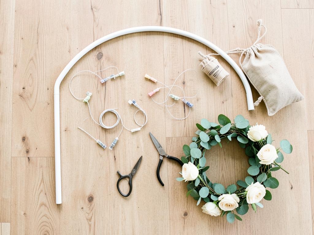 Flat-lay of arch decorating supplies: a white arch frame section, floral wire, zip ties, shears, sandbags, and a eucalyptus and rose garland on a light wood floor
