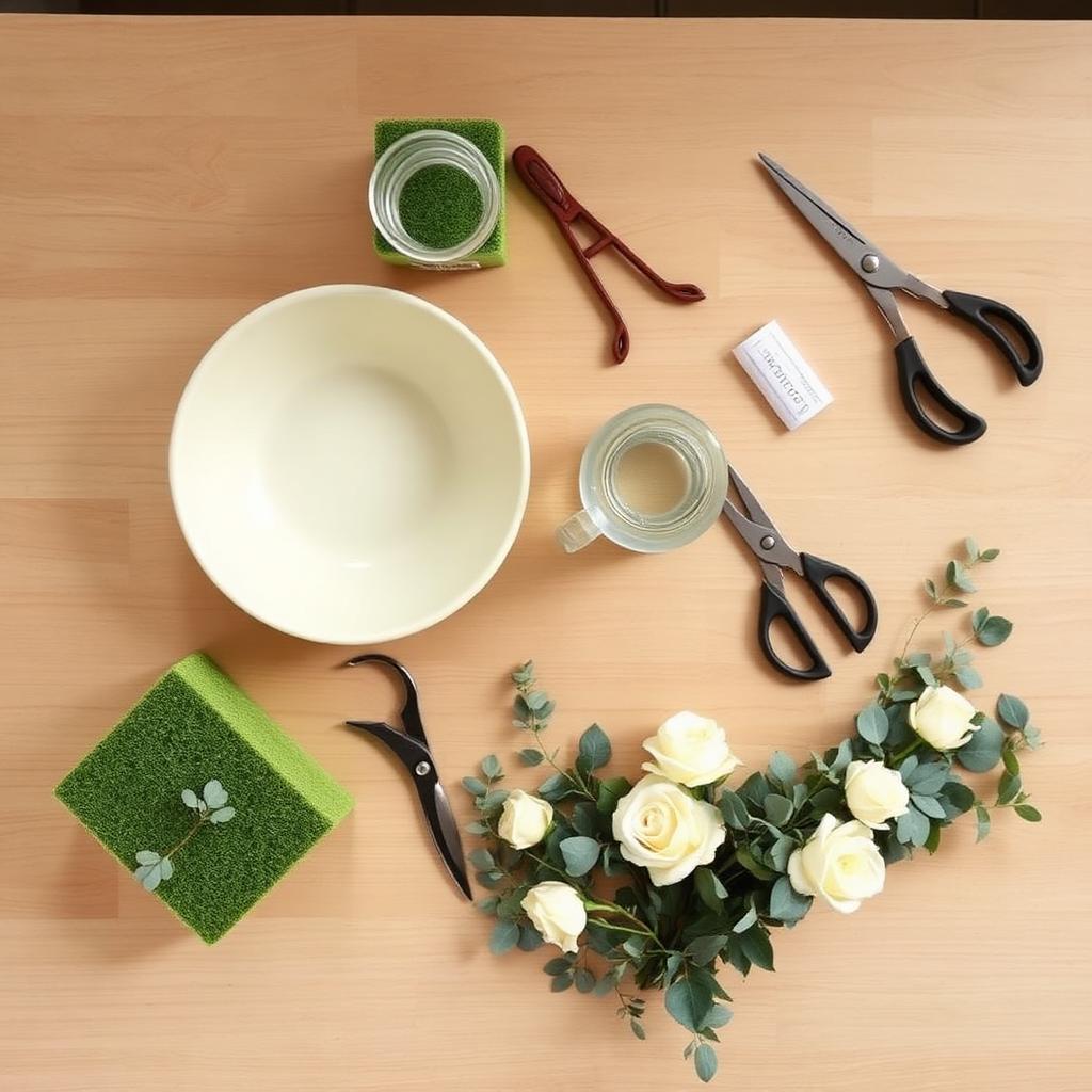 Overhead flat-lay of centerpiece supplies: cream ceramic bowl, floral foam, shears, moss, and cream roses on a light oak table