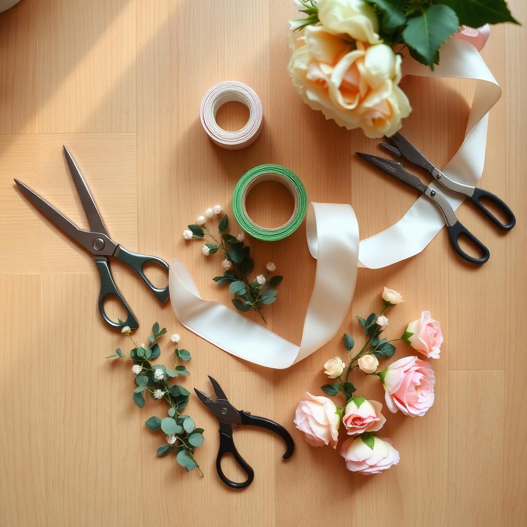 Overhead flat-lay of floral shears, floral tape, ribbon, corsage pins, wire cutters, eucalyptus, and blush roses on a light oak table