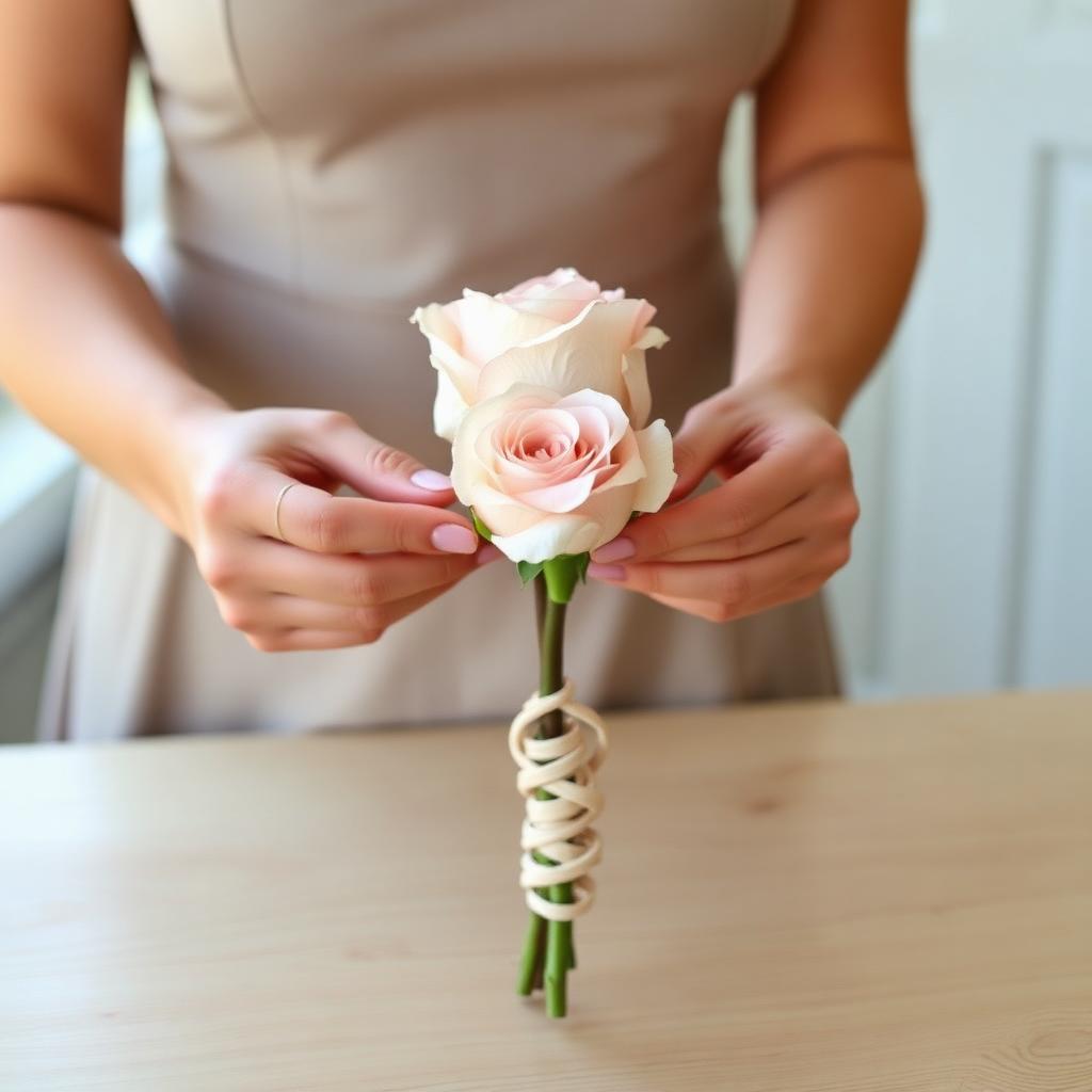 Hands beginning a hand-tied bouquet by crossing two blush rose stems at a 45-degree angle