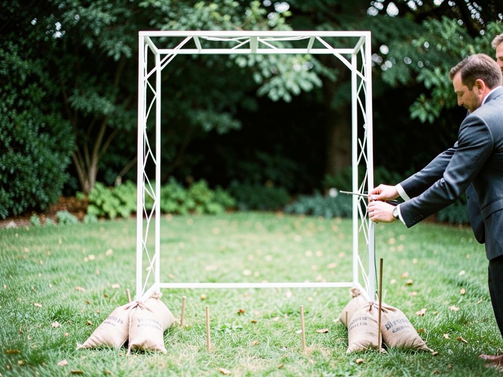 A bare white metal wedding arch standing on a lawn with sandbags and stakes securing each leg