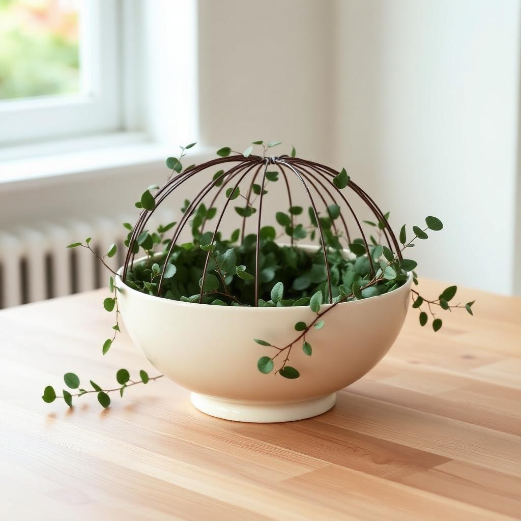 A cream ceramic bowl with eucalyptus and ruscus greenery inserted at outward angles forming a rounded skeleton