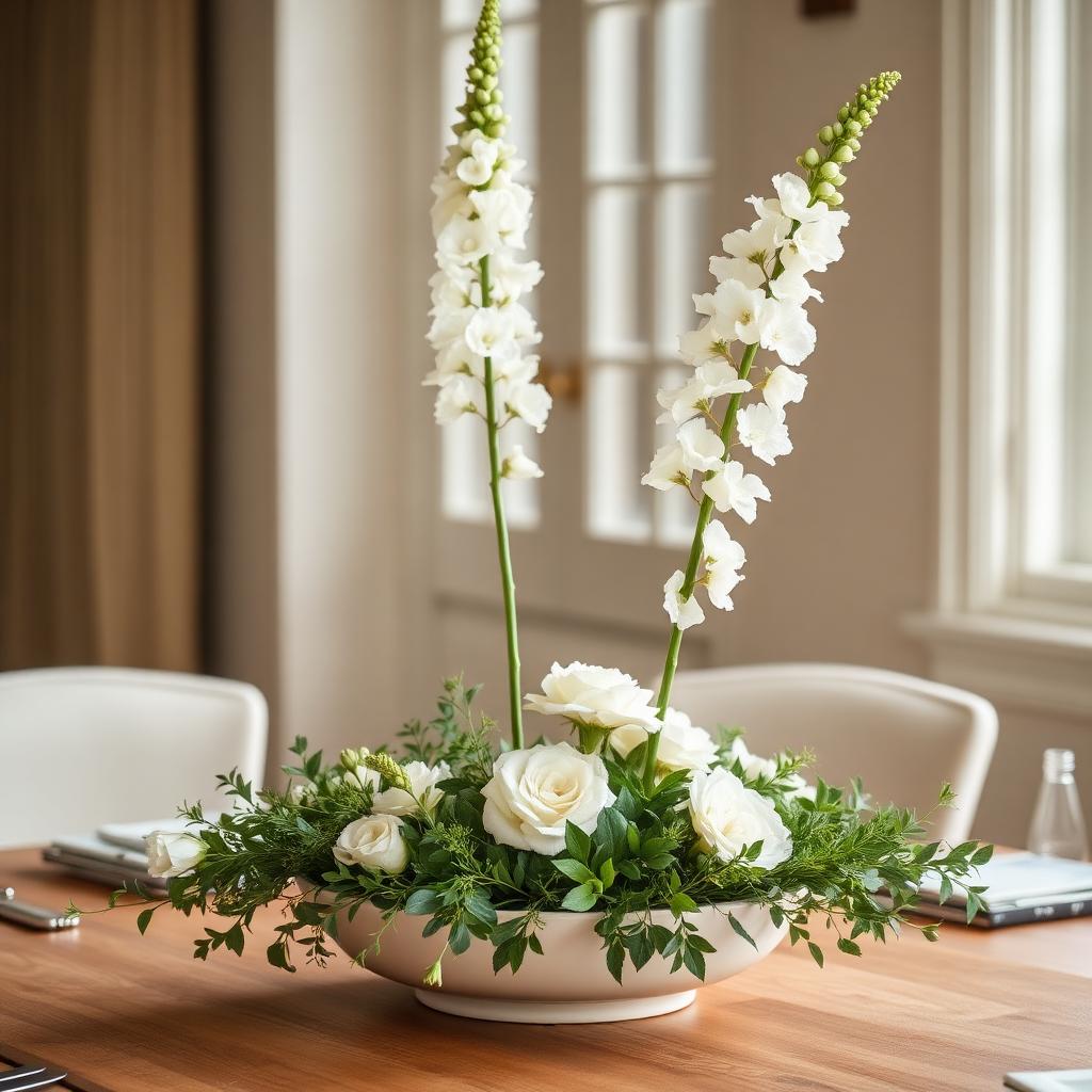 A centerpiece in progress with tall white snapdragon and delphinium stems placed near the center-back for height