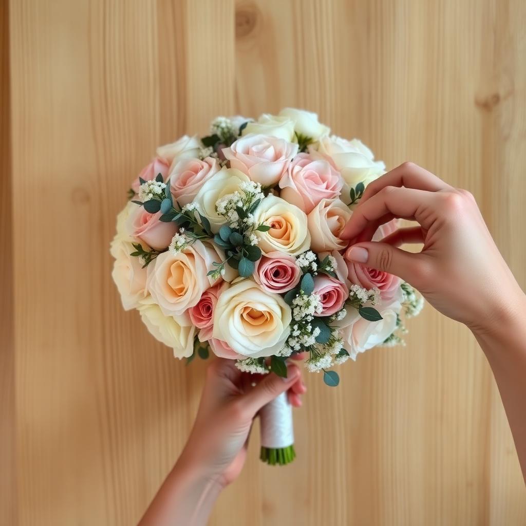 A partially built blush and cream bouquet held from above while a hand tucks in eucalyptus filler