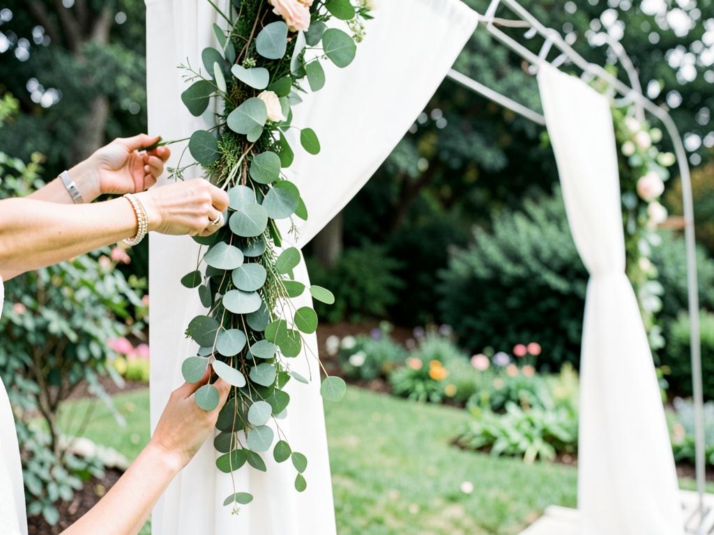 Hands wiring a eucalyptus garland onto the upright of a white wedding ceremony arch beside white fabric drapery