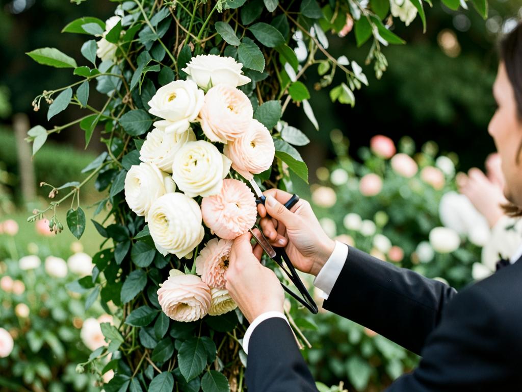 Hands wiring a cluster of cream roses and blush ranunculus onto the greenery-covered corner of a wedding arch
