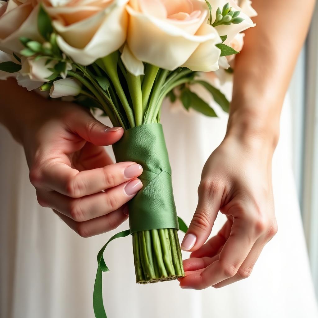 Hands wrapping green floral tape tightly around the gathered stems of a bouquet