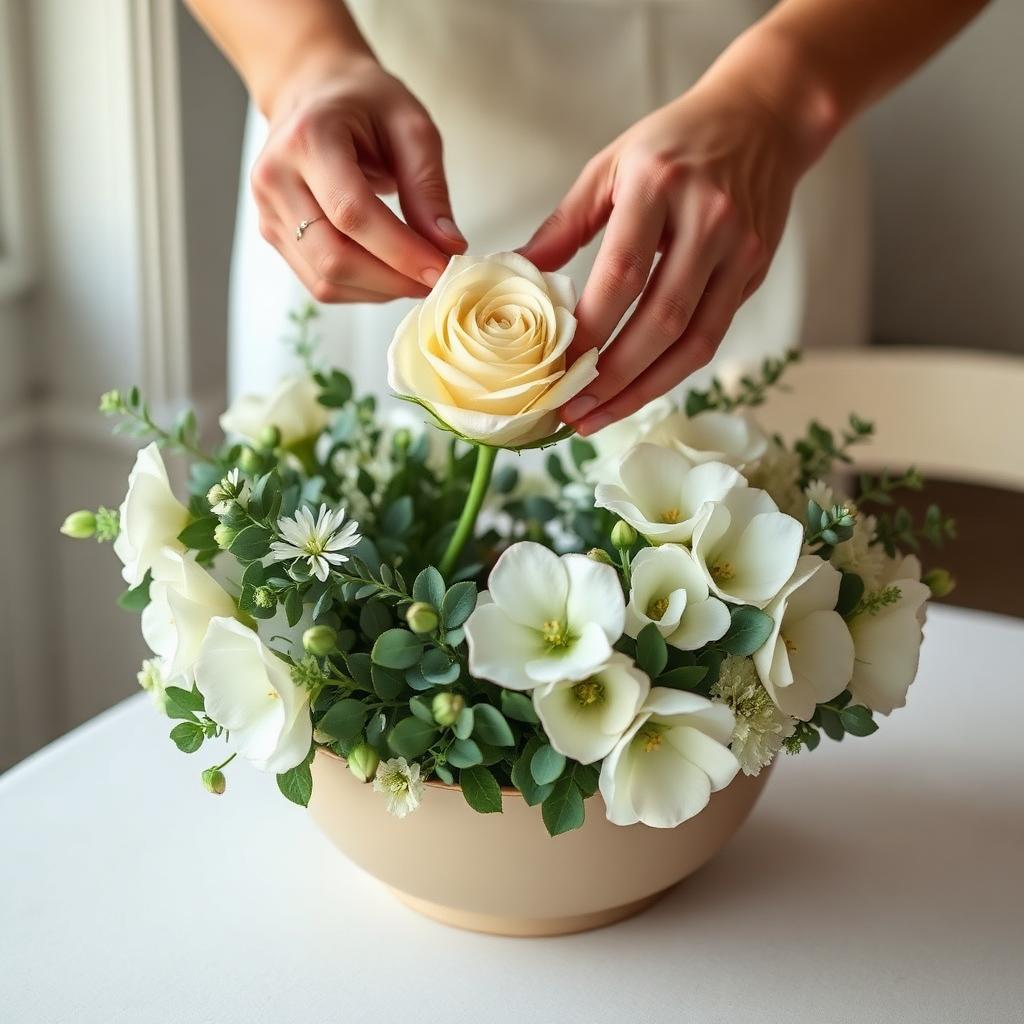 Hands placing a cream garden rose into a rounded arrangement of eucalyptus and white snapdragons