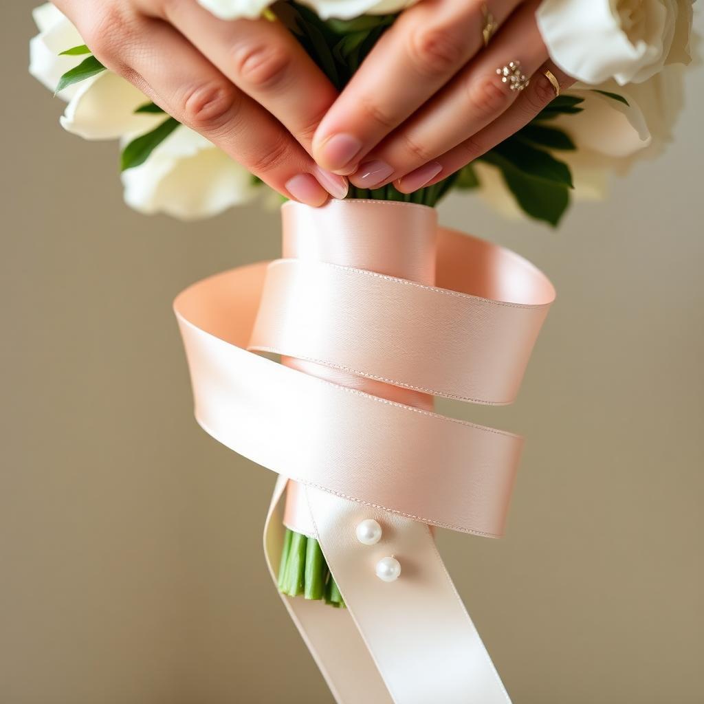 Hands wrapping a wide blush satin ribbon in a spiral around the bouquet handle, secured with pearl pins