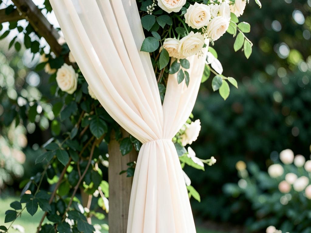 Ivory chiffon fabric gathered and tied against a wedding arch beside cream roses and greenery