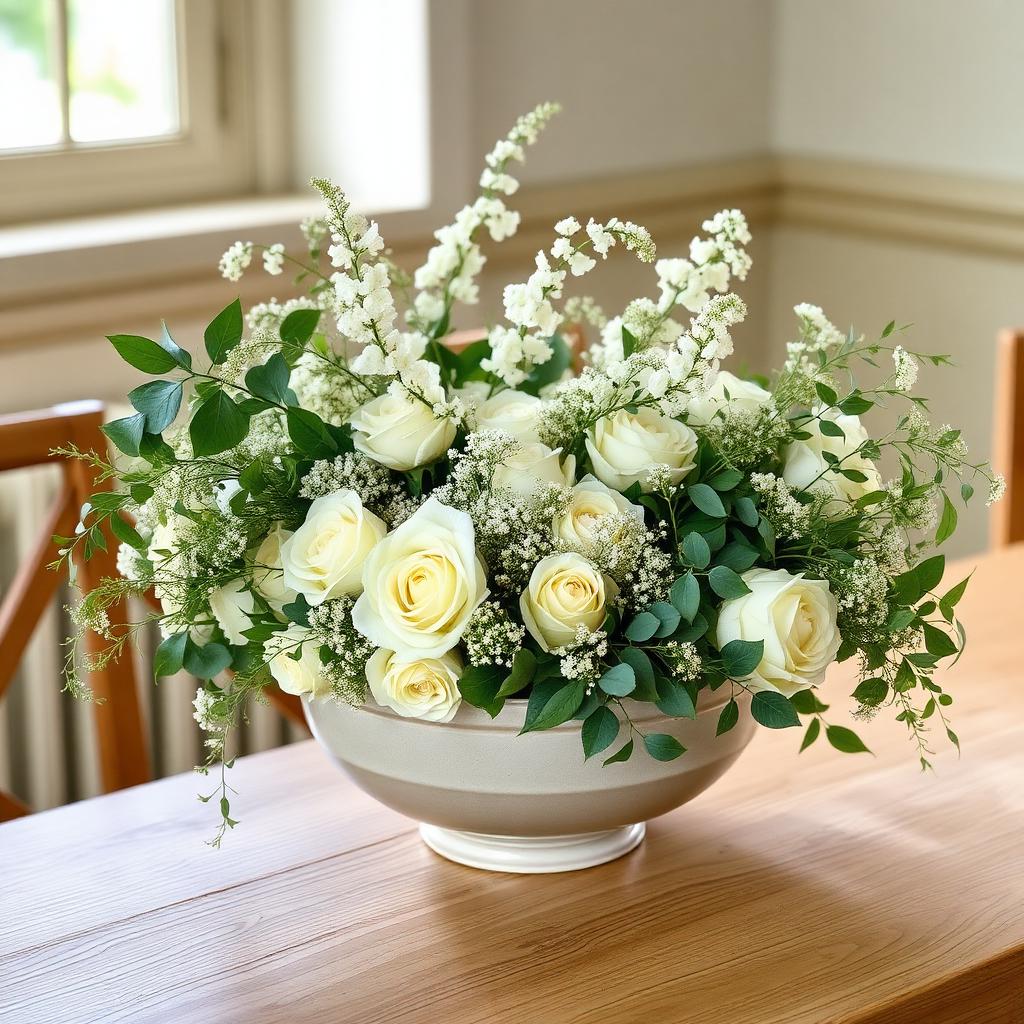 A nearly finished cream and sage centerpiece with trailing amaranthus spilling over the rim of a low ceramic bowl