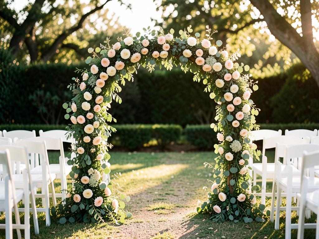 A garden wedding ceremony arch covered in cream roses, blush blooms, and eucalyptus at the end of an aisle