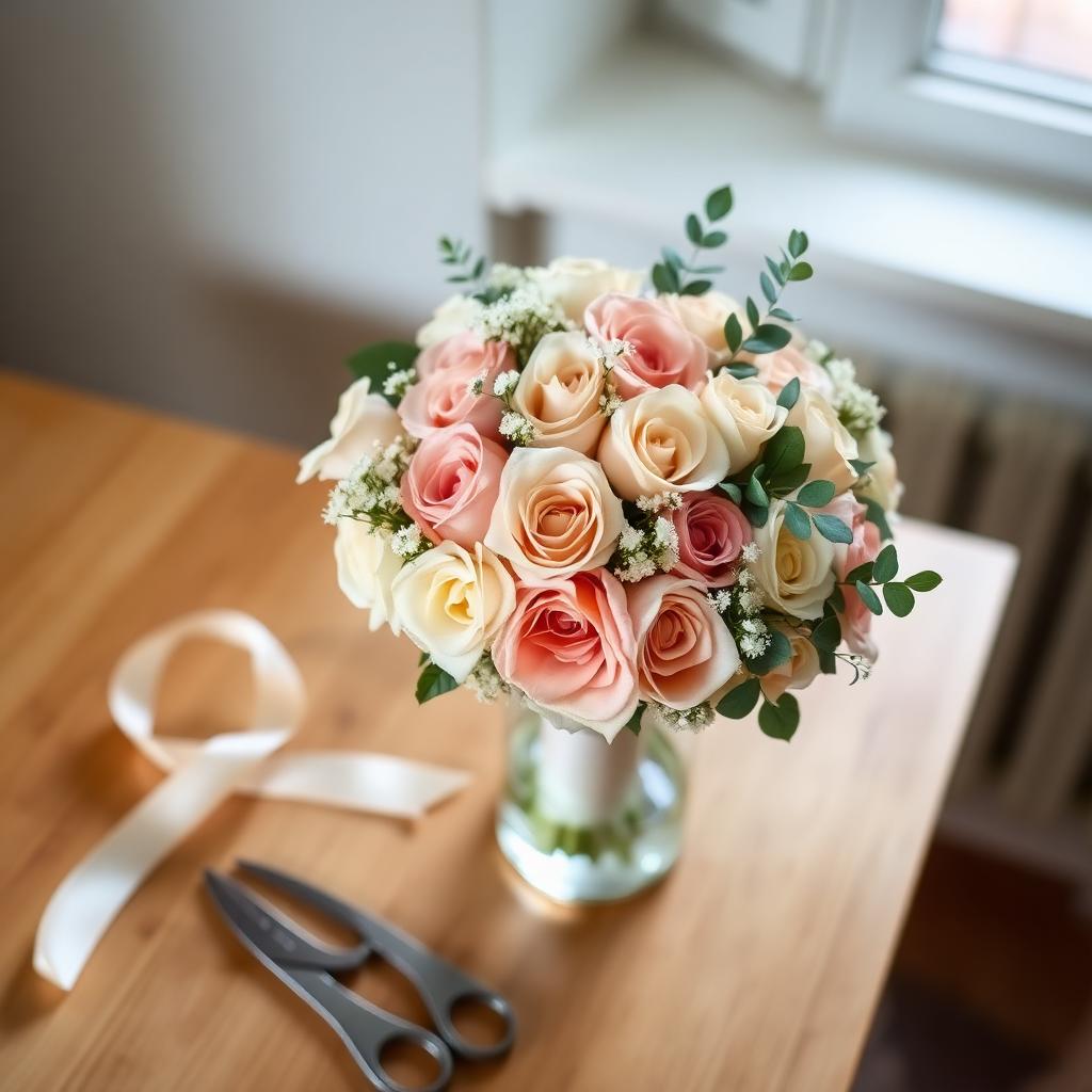 A finished blush and cream bridal bouquet resting in a clear glass vase on a light oak table