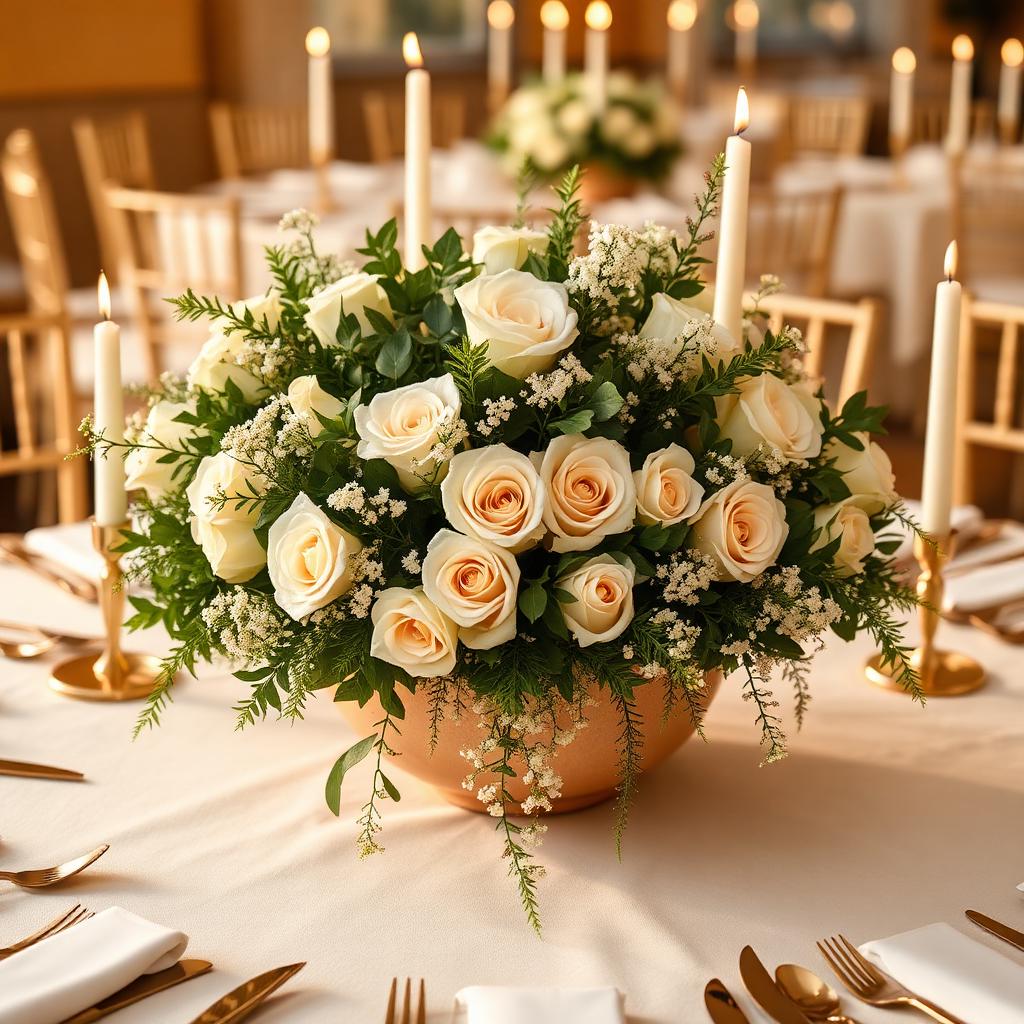 A finished cream and sage centerpiece on a candlelit reception table with gold flatware